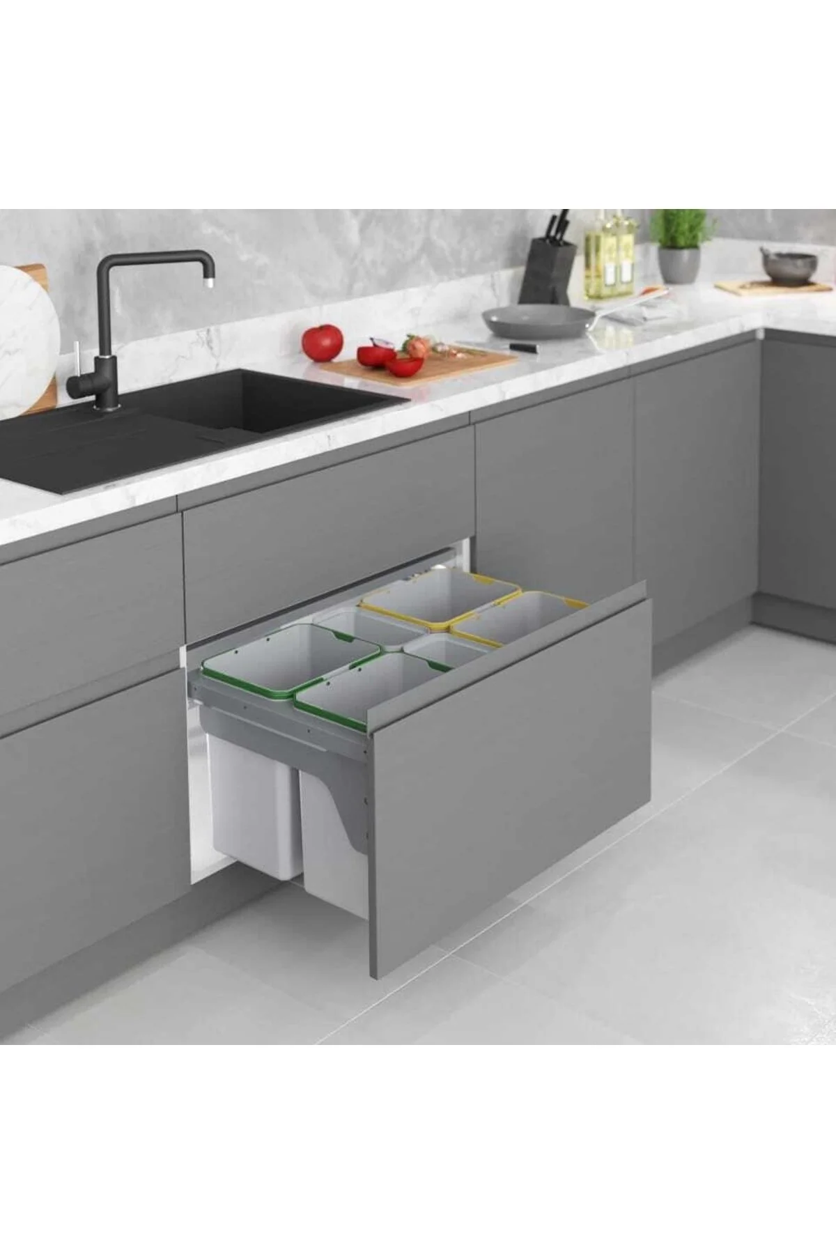 Starax S-2385 4 Kovalı Tezgah Altı Kapağa Monte Çöp Kovası (frenli) Modül 60cm (16+12+12+1 Litre)